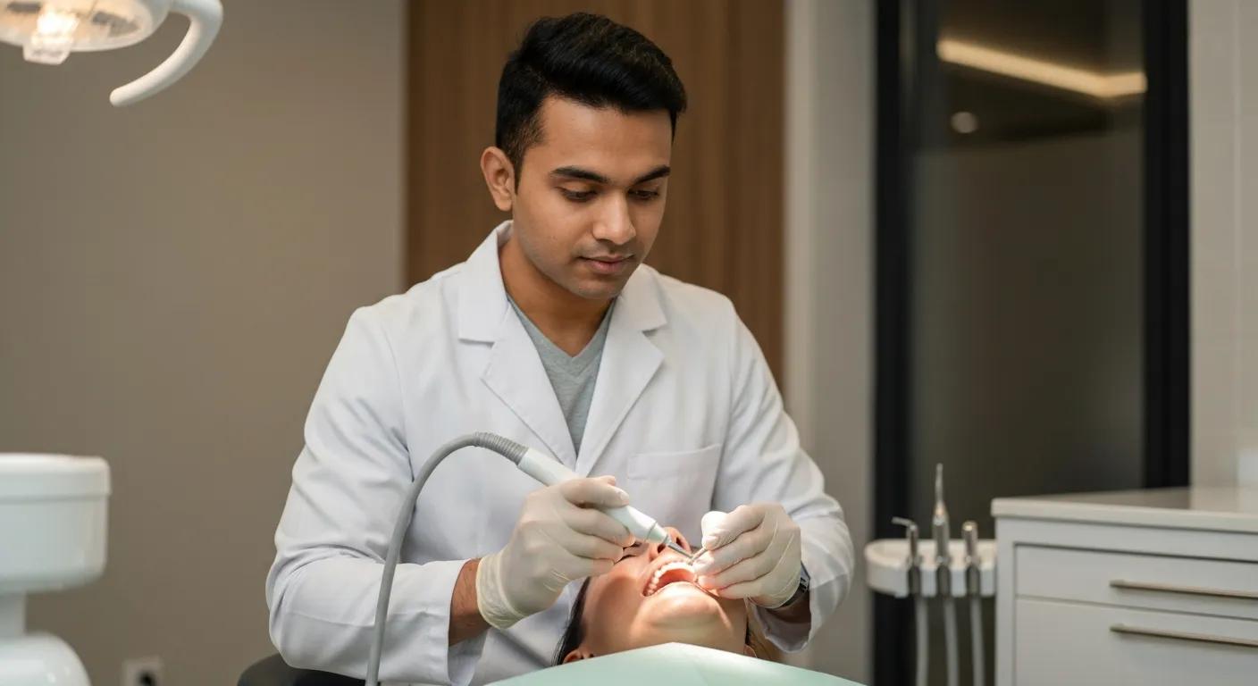 Dental professional performing a deep cleaning procedure using an ultrasonic scaler