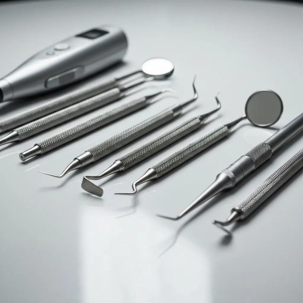 Essential dental cleaning tools including ultrasonic scaler and hand scalers