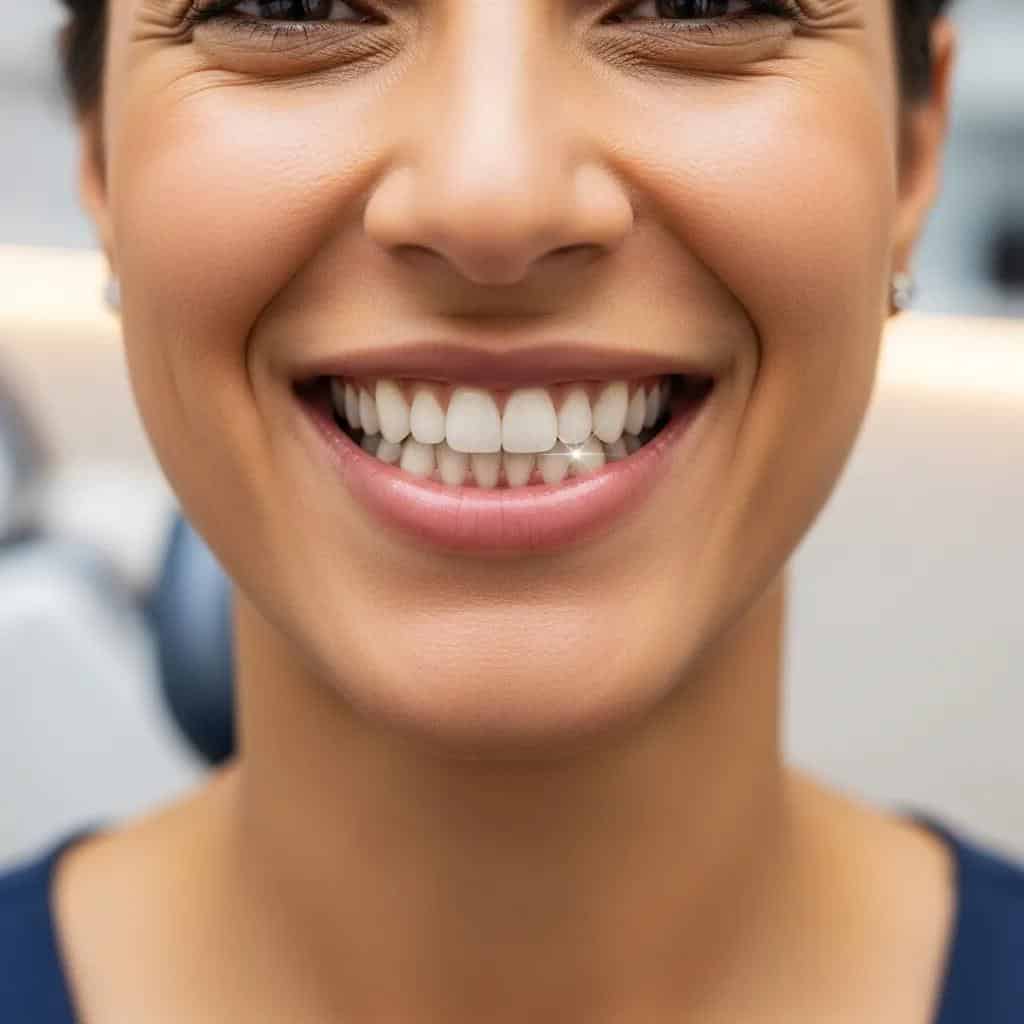 Bright smile showcasing dental veneers and crowns, emphasizing cosmetic dental enhancement