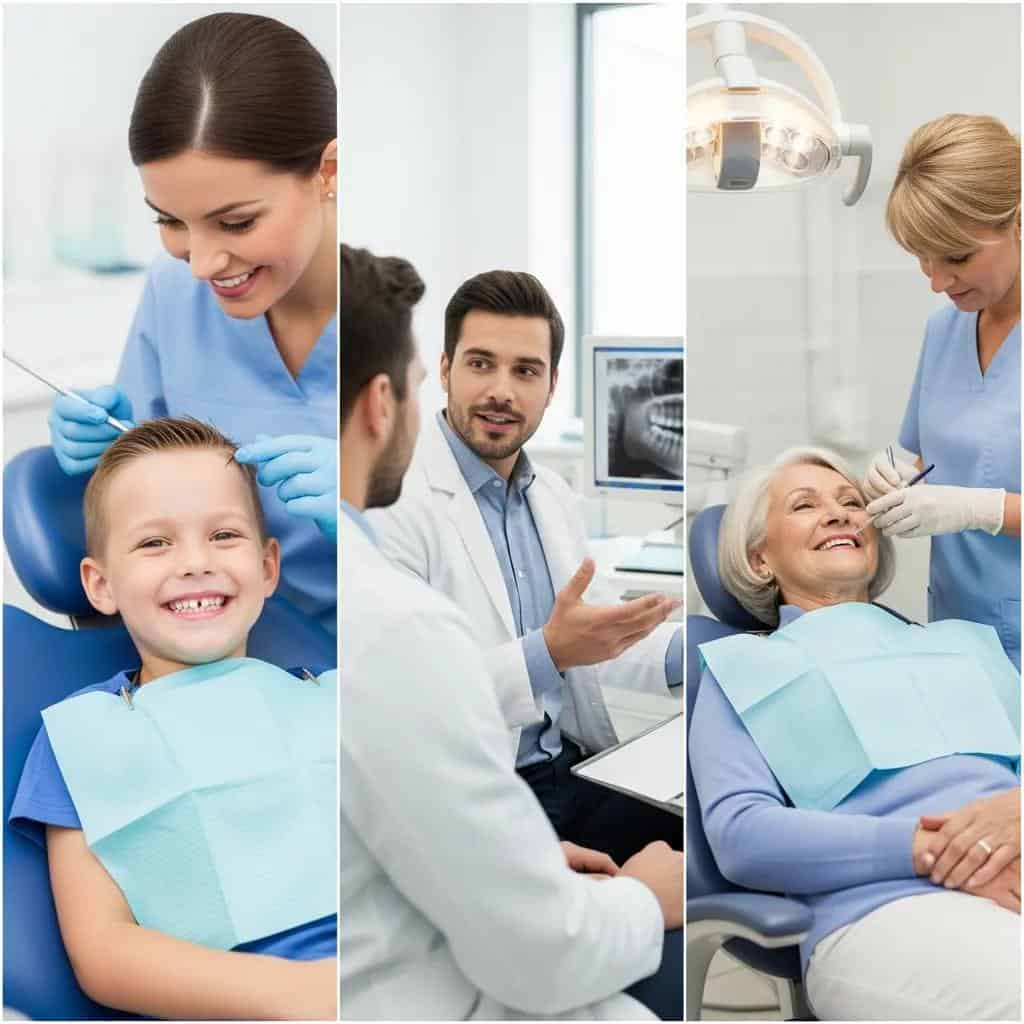 Collage of dental care for children, adults, and seniors, emphasizing the importance of dental visits across all age groups