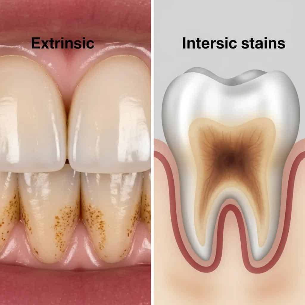Comparison of extrinsic and intrinsic teeth stains on a tooth, highlighting causes and effects