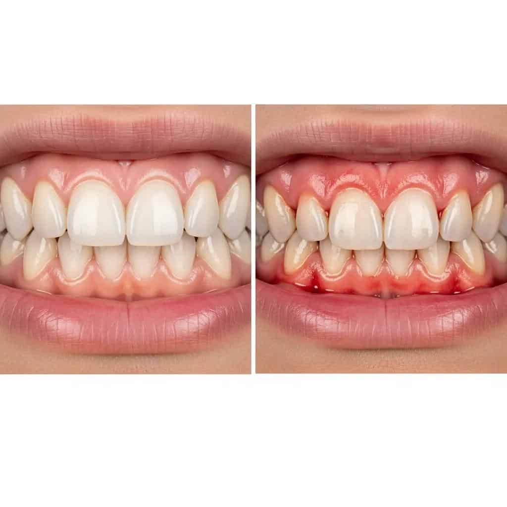 Comparison of healthy gums and inflamed gums, illustrating early signs of gum disease