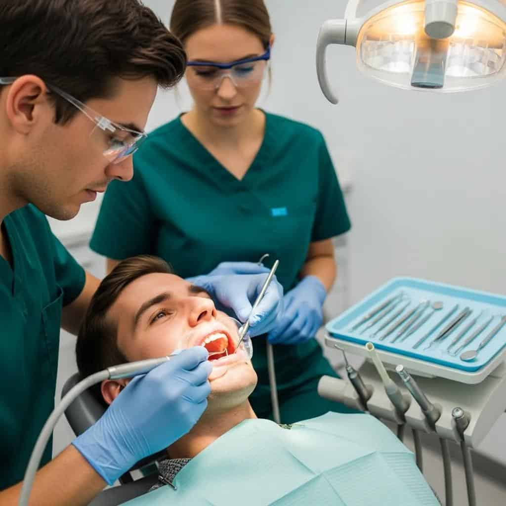 Dental hygienist performing scaling and root planing on a patient, demonstrating the deep cleaning procedure