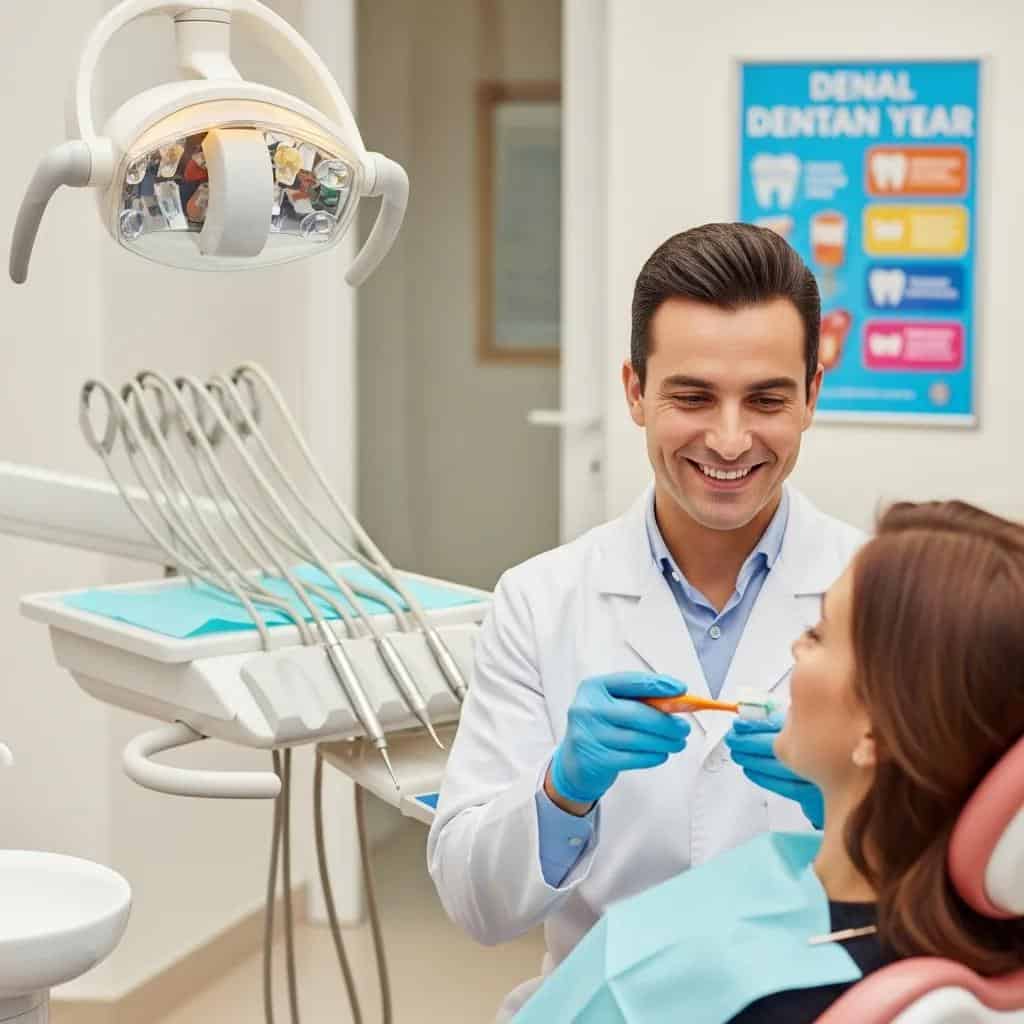 Dental office scene with a dentist and patient focusing on oral hygiene for New Year resolutions