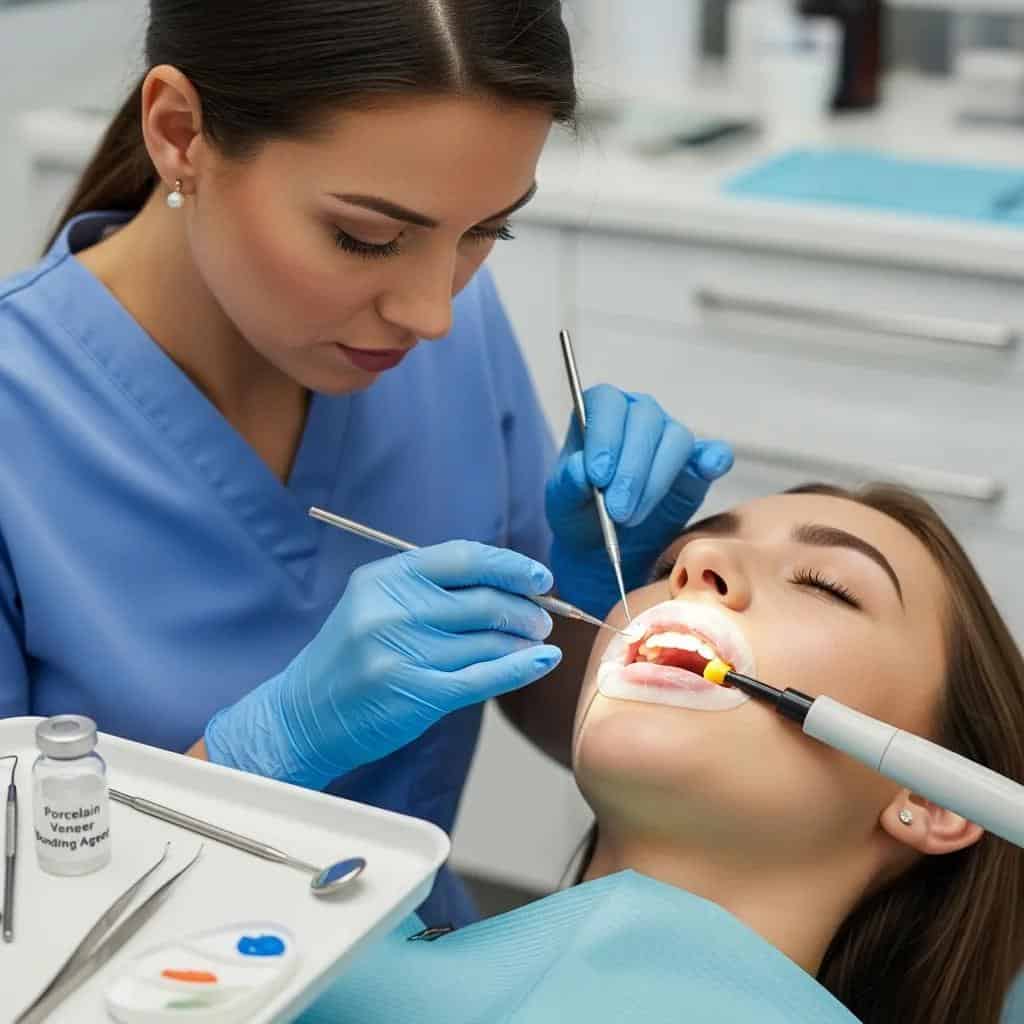 Dental professional applying porcelain veneers in a modern dental office, highlighting cosmetic benefits