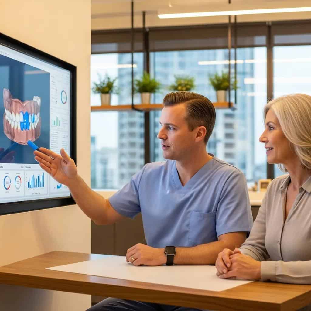 Dental professional discussing personalized care plan with a patient in a modern dental office
