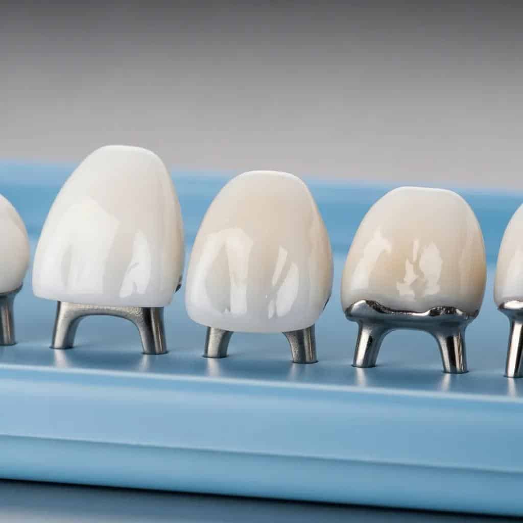 Different types of dental crowns displayed on a tray, illustrating zirconia, porcelain, and PFM options