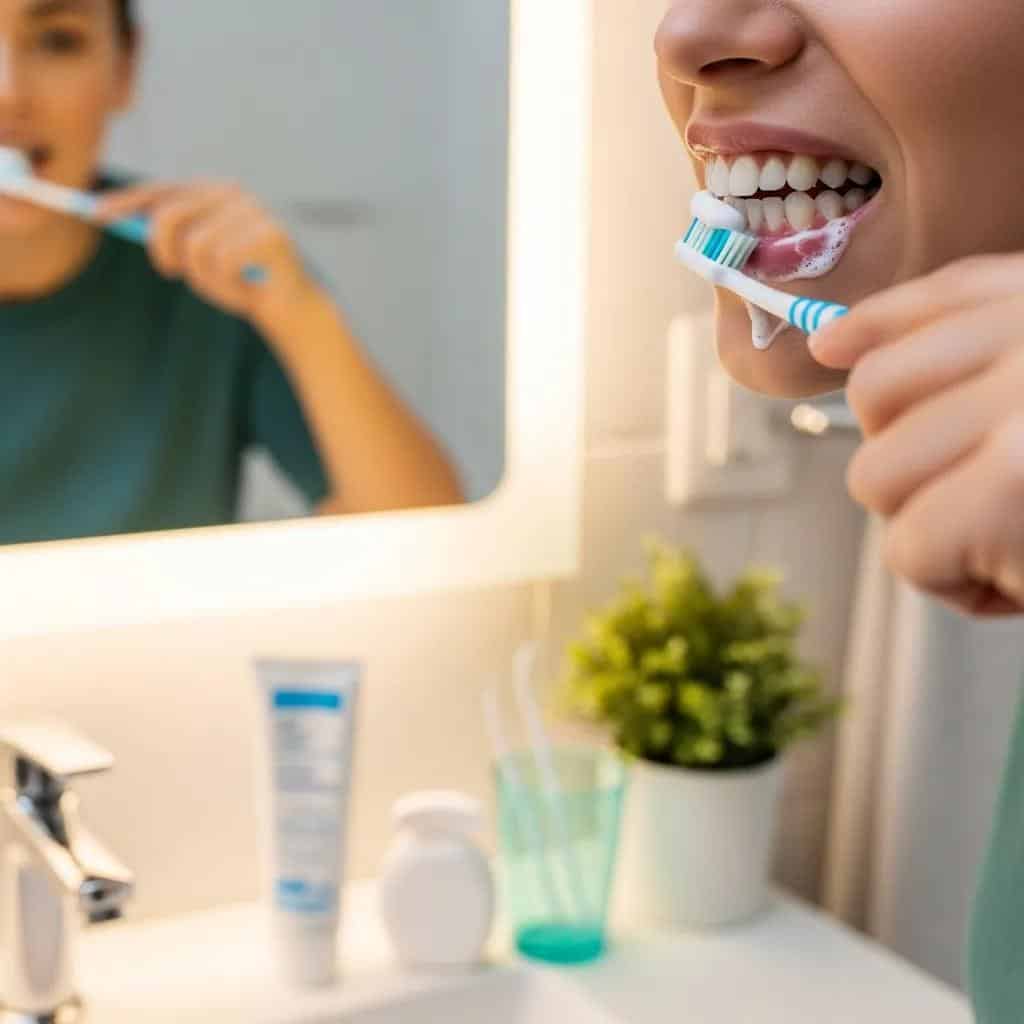 Person demonstrating proper brushing techniques in a bright bathroom setting