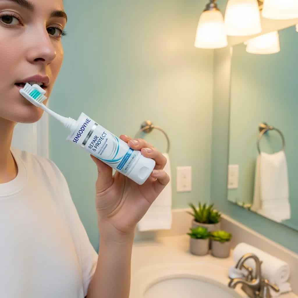 Person using desensitizing toothpaste in a calming bathroom environment before teeth whitening