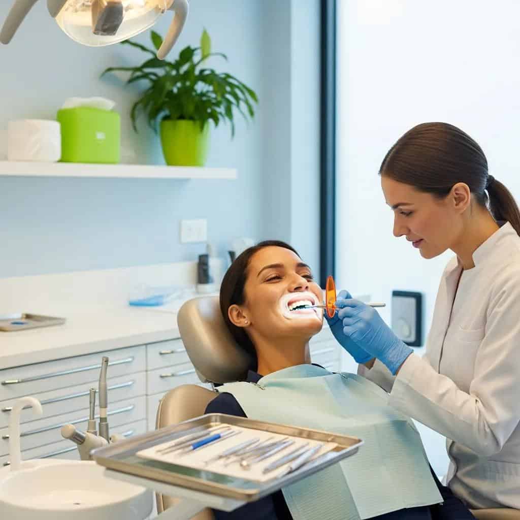 Professional teeth whitening treatment in a modern dental office with a smiling patient and dentist
