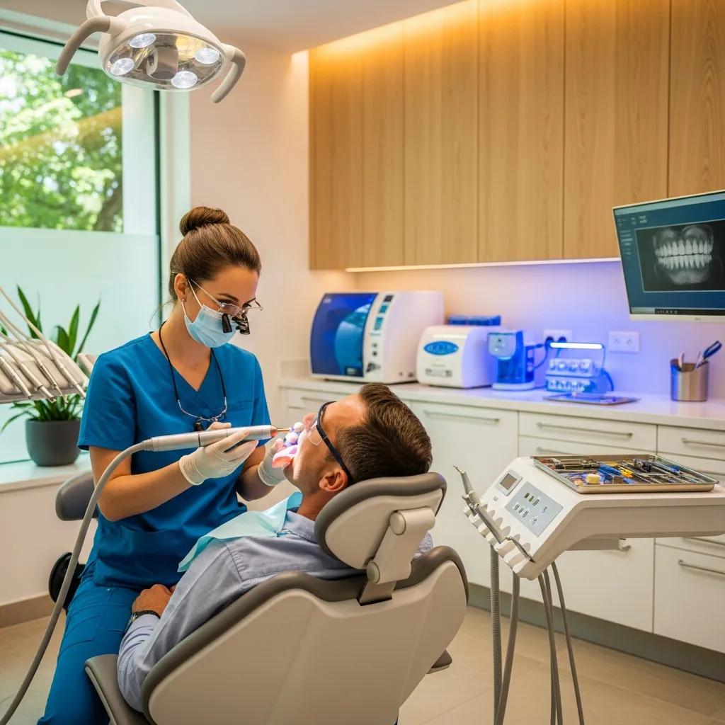 Laser dentistry procedure in a modern dental clinic with a dentist and patient