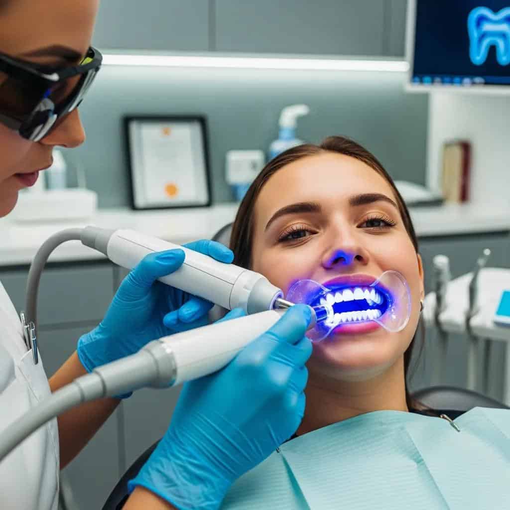 Patient receiving laser teeth whitening treatment in a modern dental office
