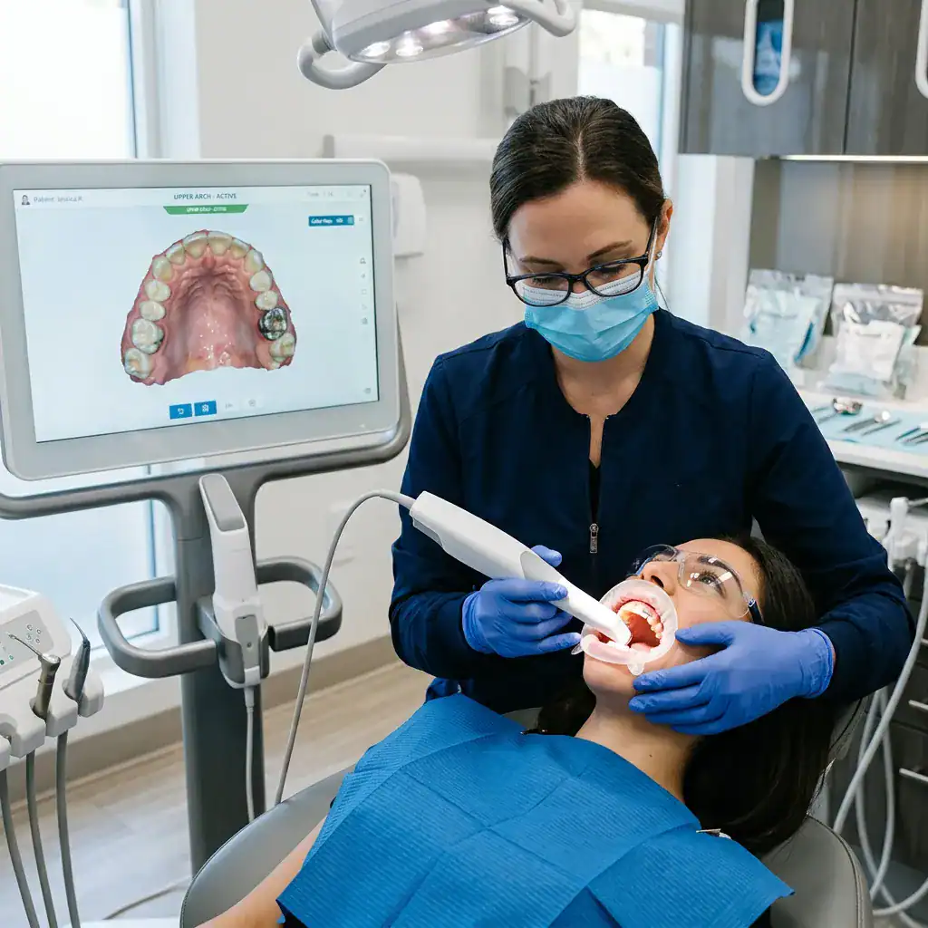 Digital workflow showing dental crown design and milling process
