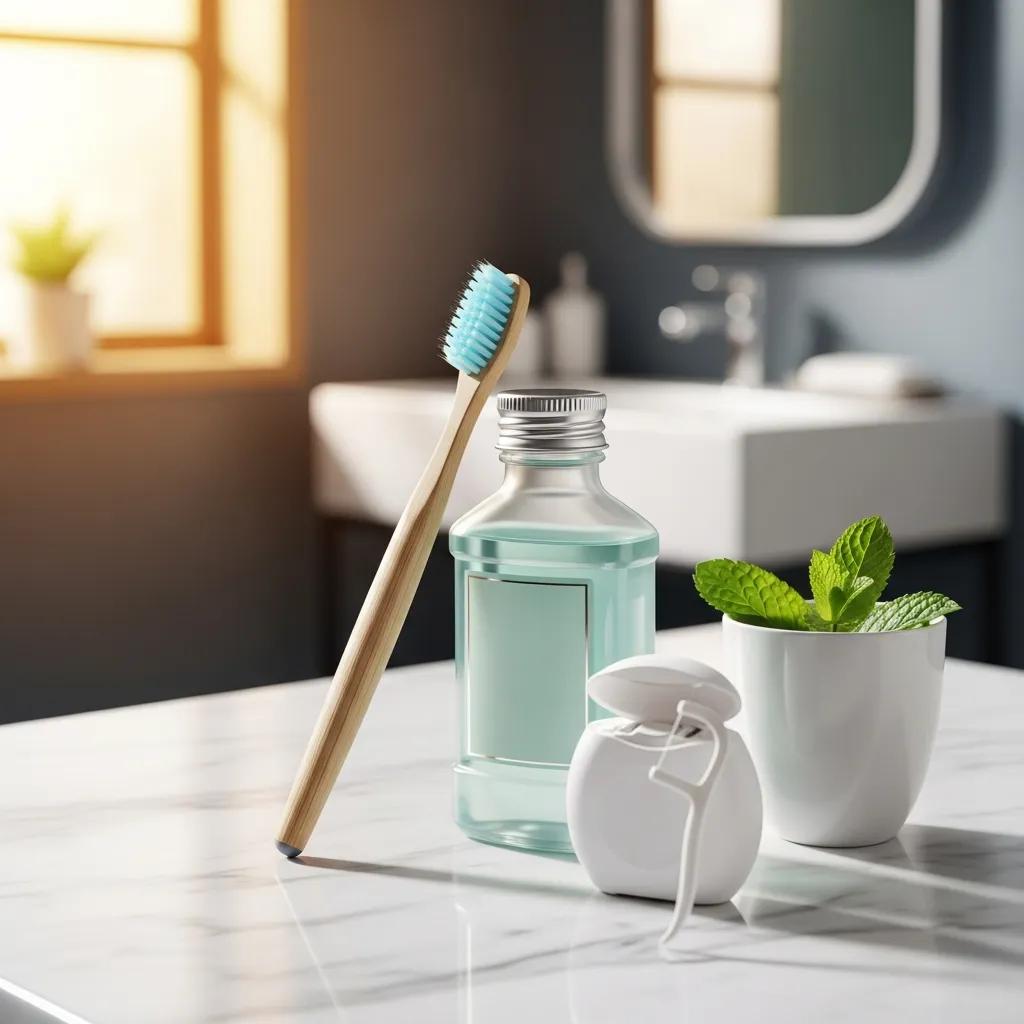 Arrangement of dental care products including toothbrush, dental floss, and mouthwash on a bathroom counter
