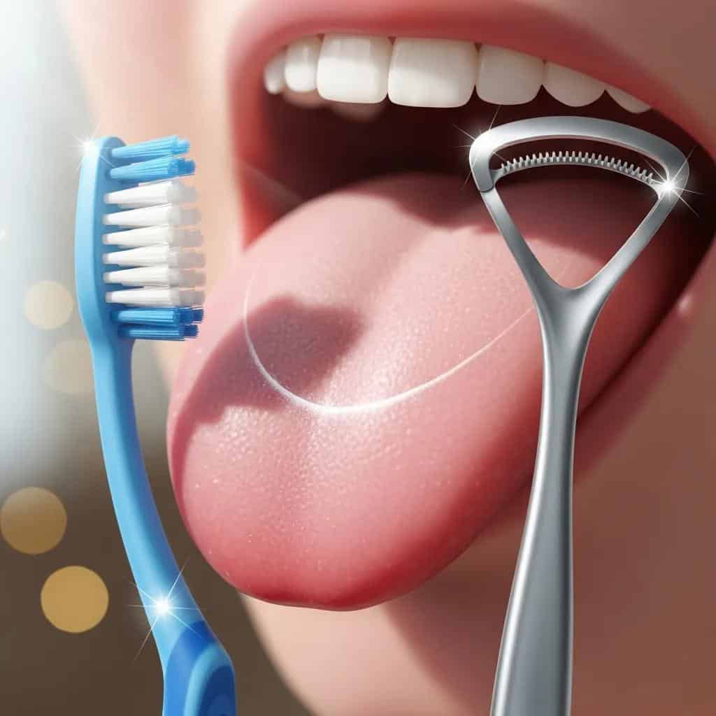 Close-up of a coated tongue with dental tools, illustrating oral hygiene practices