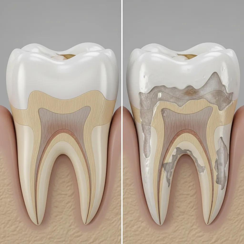 Comparison of healthy tooth and eroded tooth, illustrating enamel erosion and its effects on sensitivity