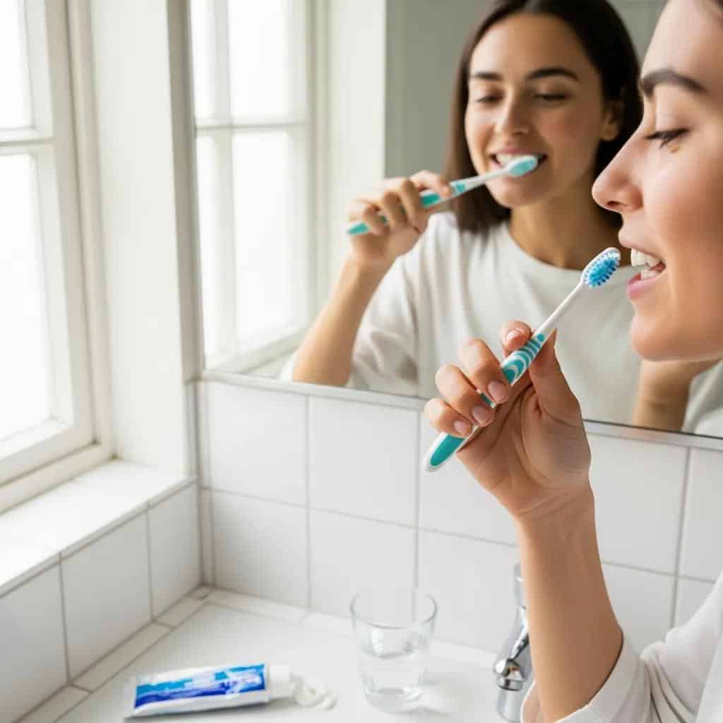 Person brushing teeth with a soft-bristled toothbrush to prevent gum sensitivity