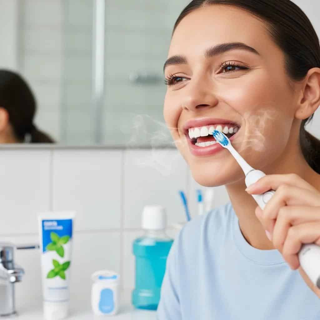 Person smiling in a bright bathroom, highlighting fresh breath and oral hygiene