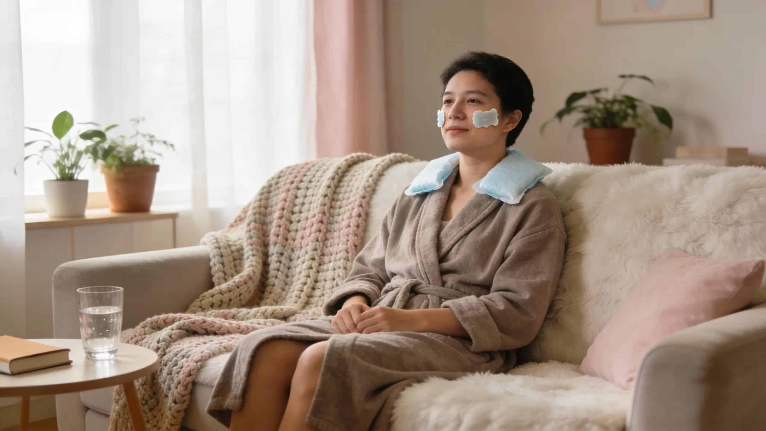 A patient managing discomfort at home after full mouth dental implant surgery, using ice packs in a cozy and relaxed atmosphere.