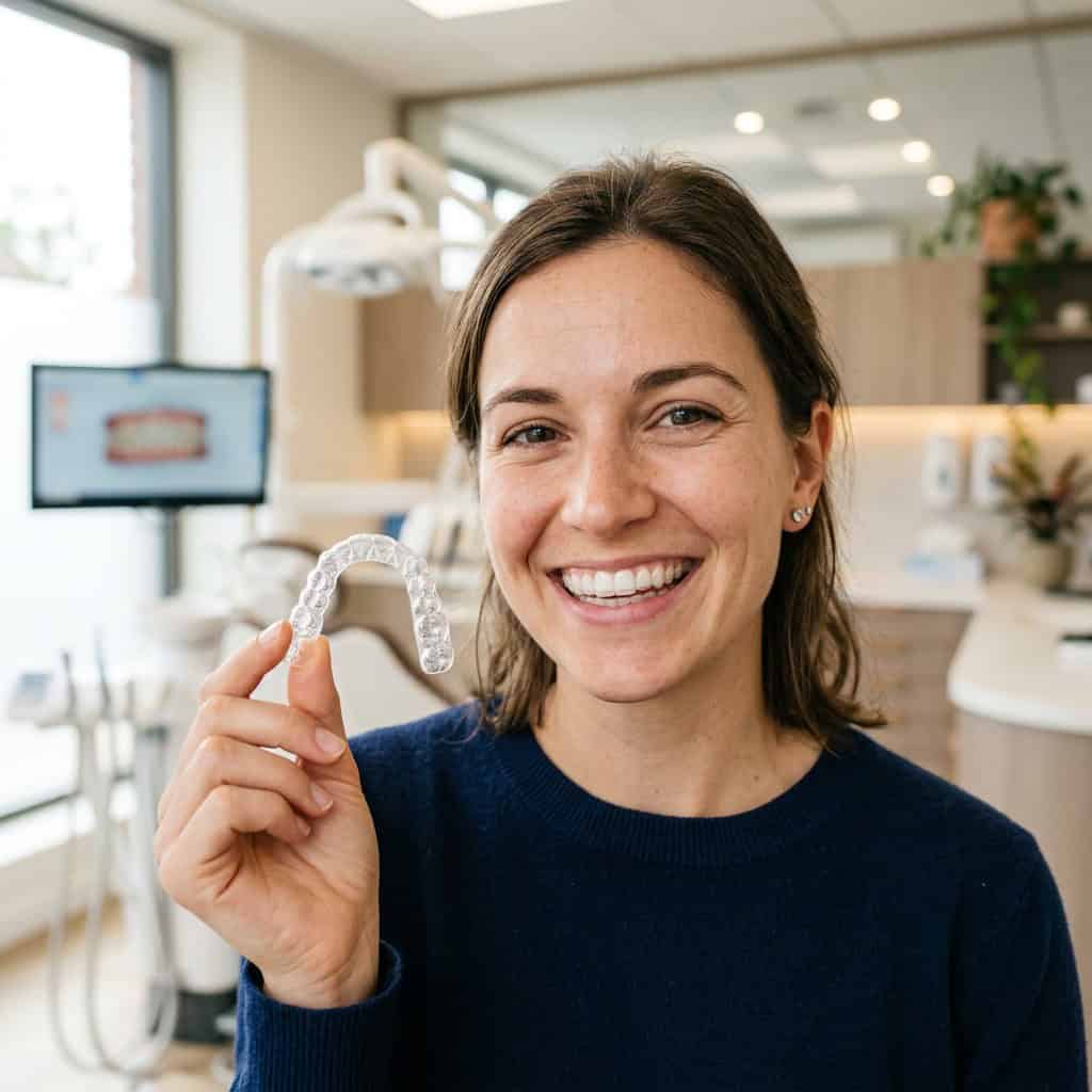 Smiling patient holding a clear aligner at The Harmony Dental Group in Norwalk, CT