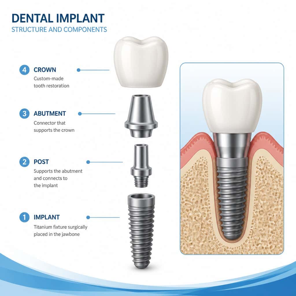 Diagram of a dental implant: titanium post, abutment, and crown, explained in Norwalk, CT