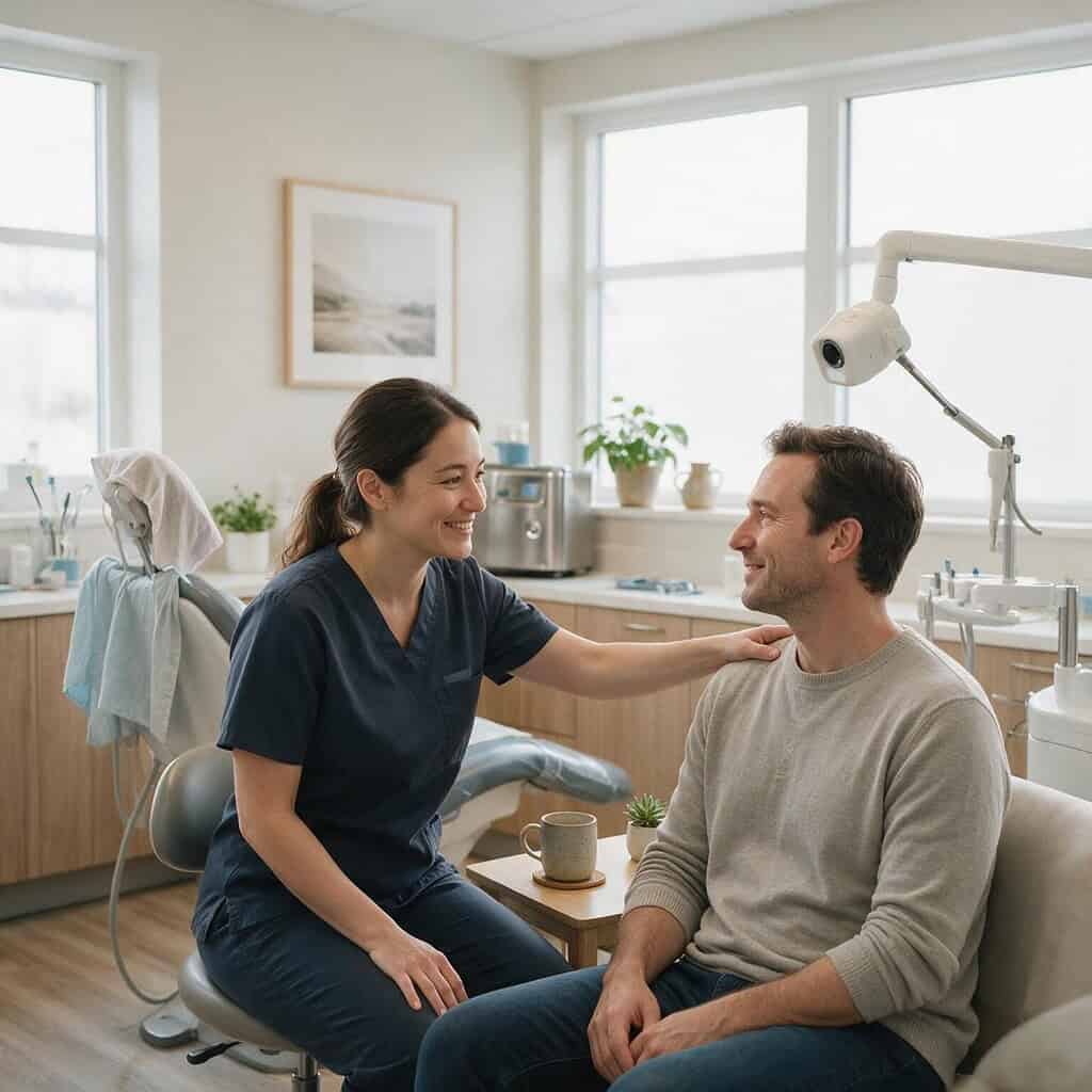 A gentle, reassuring dental team member comforting a calm patient in Norwalk, CT