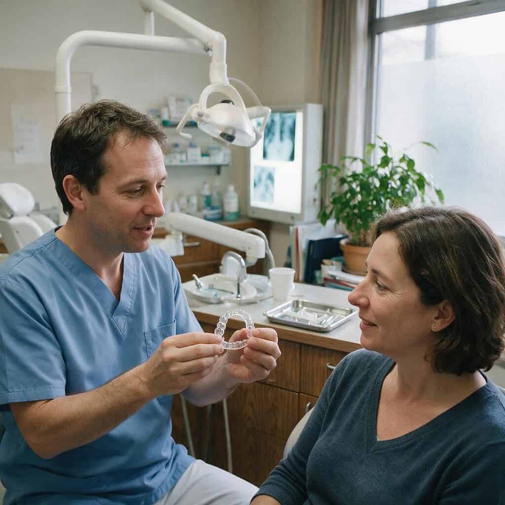 A dentist showing a patient a custom oral appliance for sleep apnea in Norwalk, CT