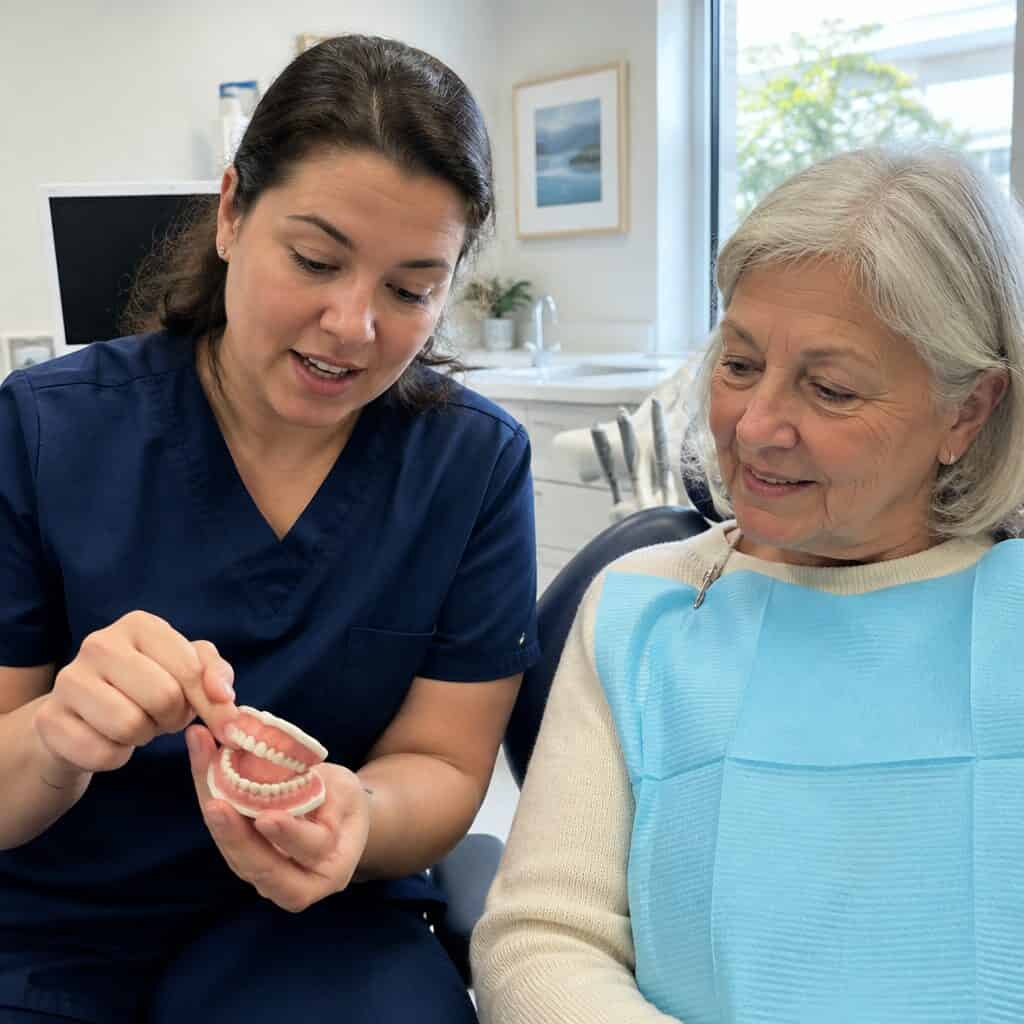 A dentist showing an older patient a set of dentures in a Norwalk, CT dental office