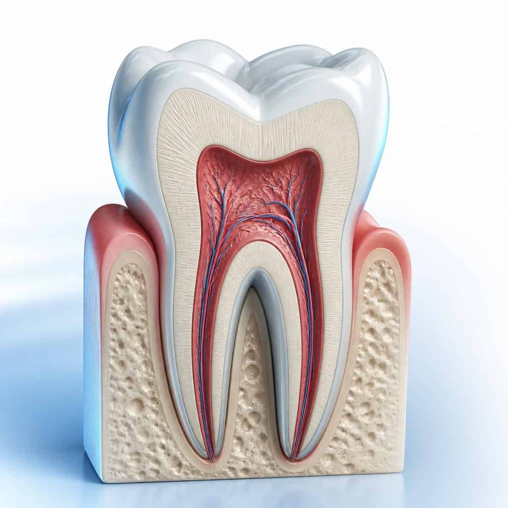Cross-section illustration of a tooth showing the pulp and root canals treated during a root canal in Norwalk, CT