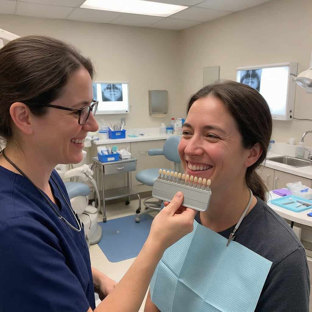 A patient comparing tooth shade during professional teeth whitening in Norwalk, CT