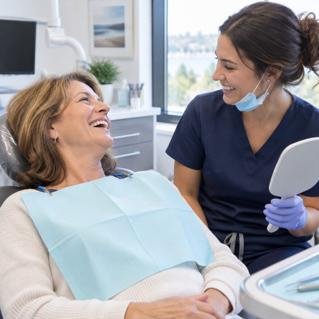 A patient laughing with her hygienist during a dental cleaning at The Harmony Dental Group in Norwalk, CT
