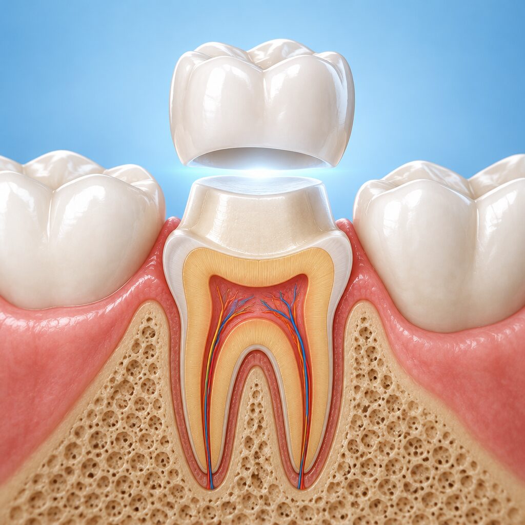 Illustration of a ceramic dental crown fitting over a prepared molar, The Harmony Dental Group, Norwalk, CT