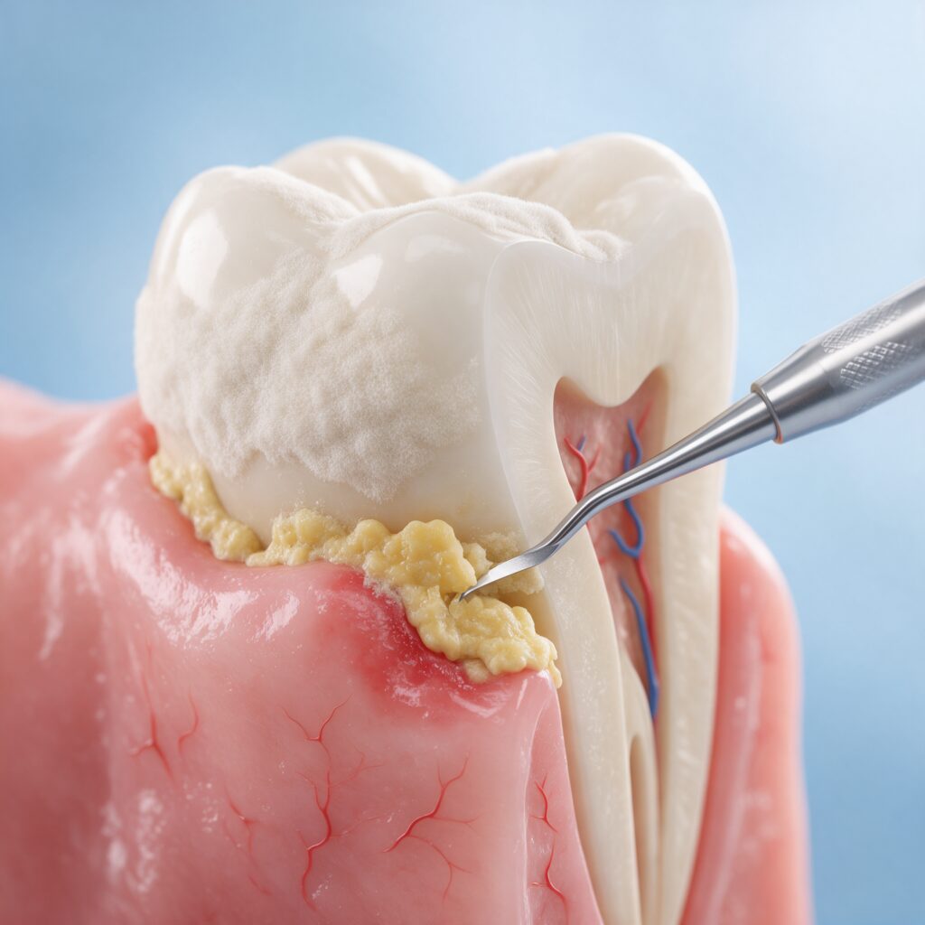 Illustration of tartar at the gumline being removed during a professional dental cleaning in Norwalk, CT