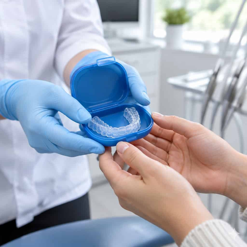 A custom night guard for teeth grinding being handed to a patient at The Harmony Dental Group in Norwalk, CT