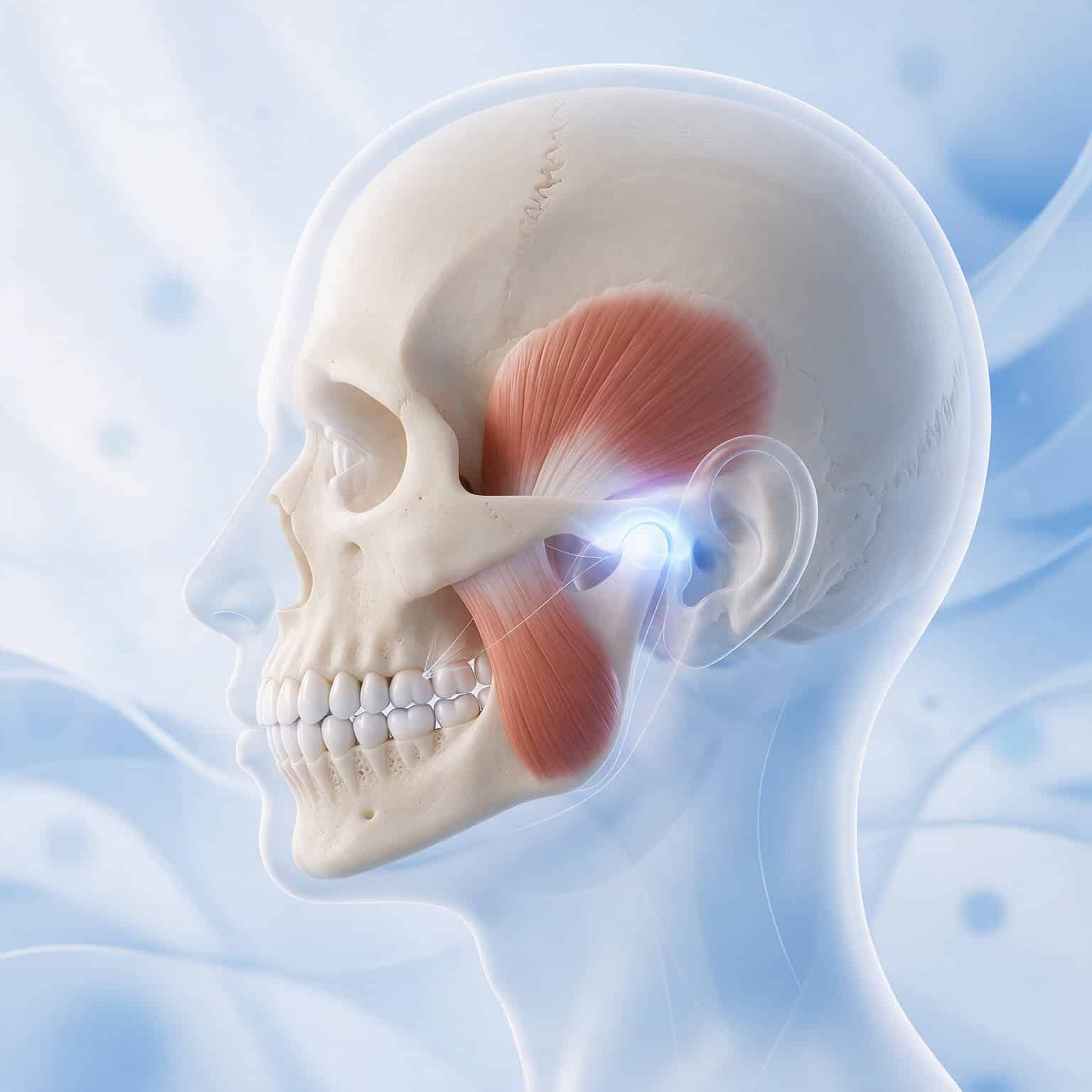 Illustration of the jaw joint (TMJ) and chewing muscles strained by teeth grinding